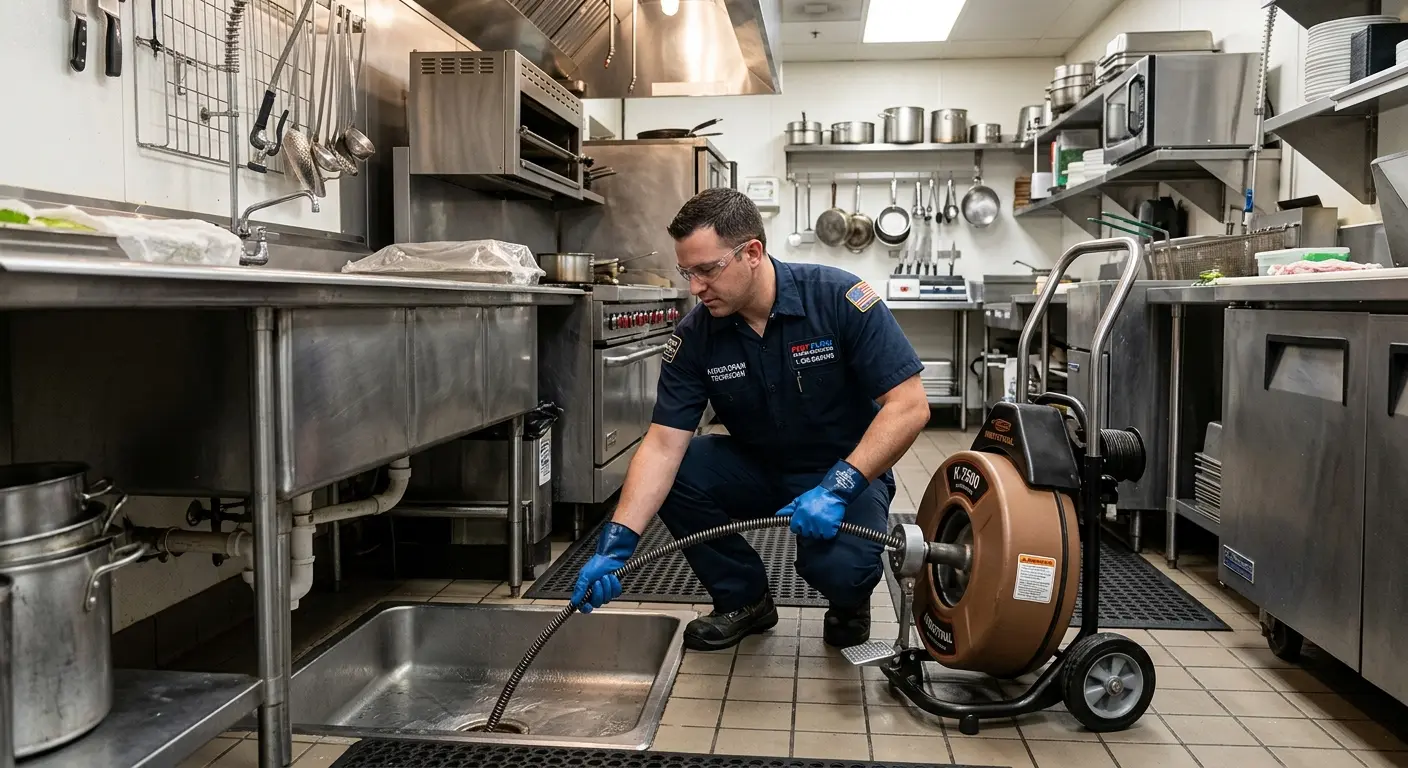 Commercial drain cleaning service in a restaurant kitchen in Holly Ridge