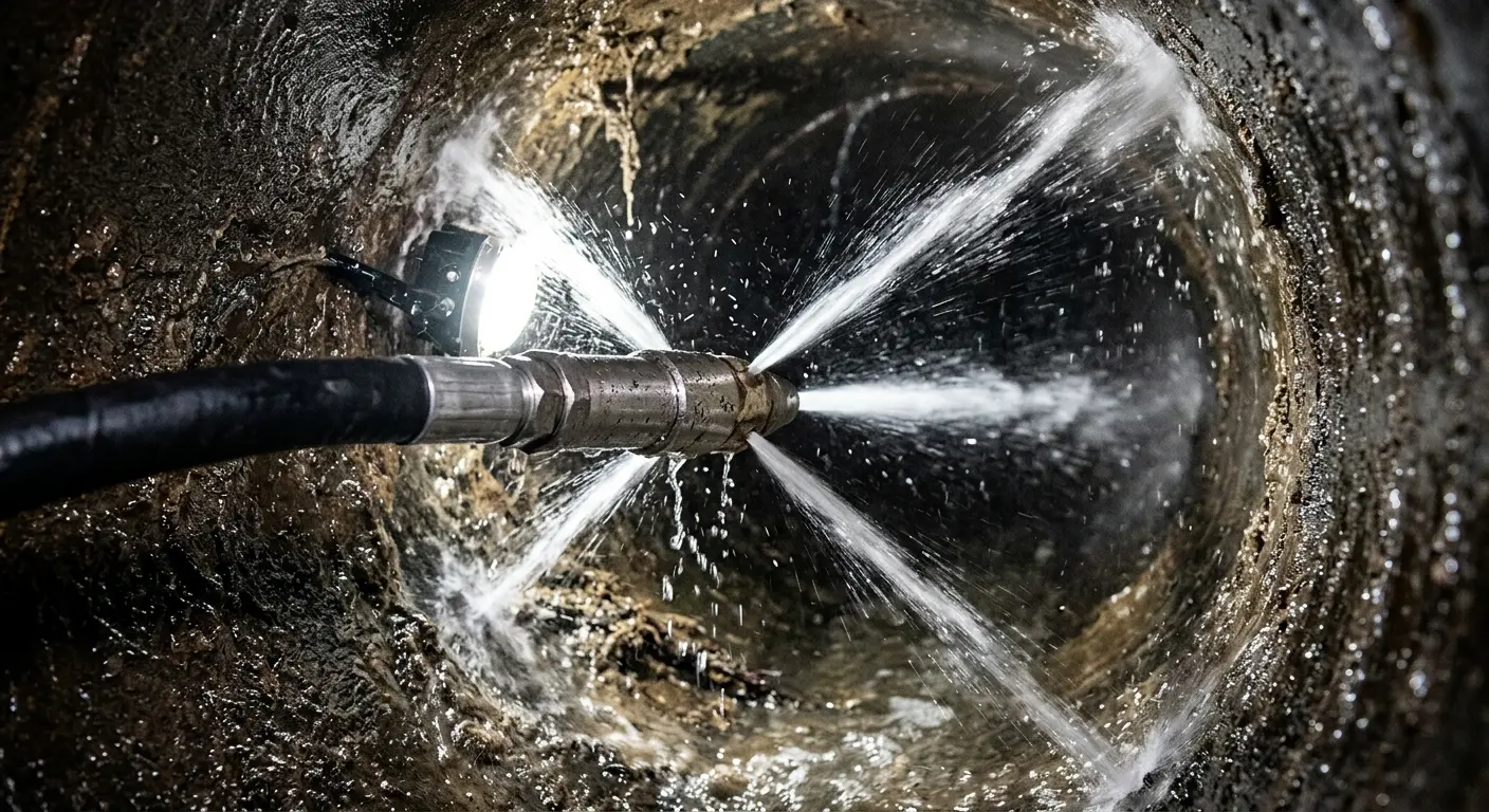 High-pressure hydro jetting nozzle cleaning sewer pipe for Storm Drain Cleaning in Holly Ridge