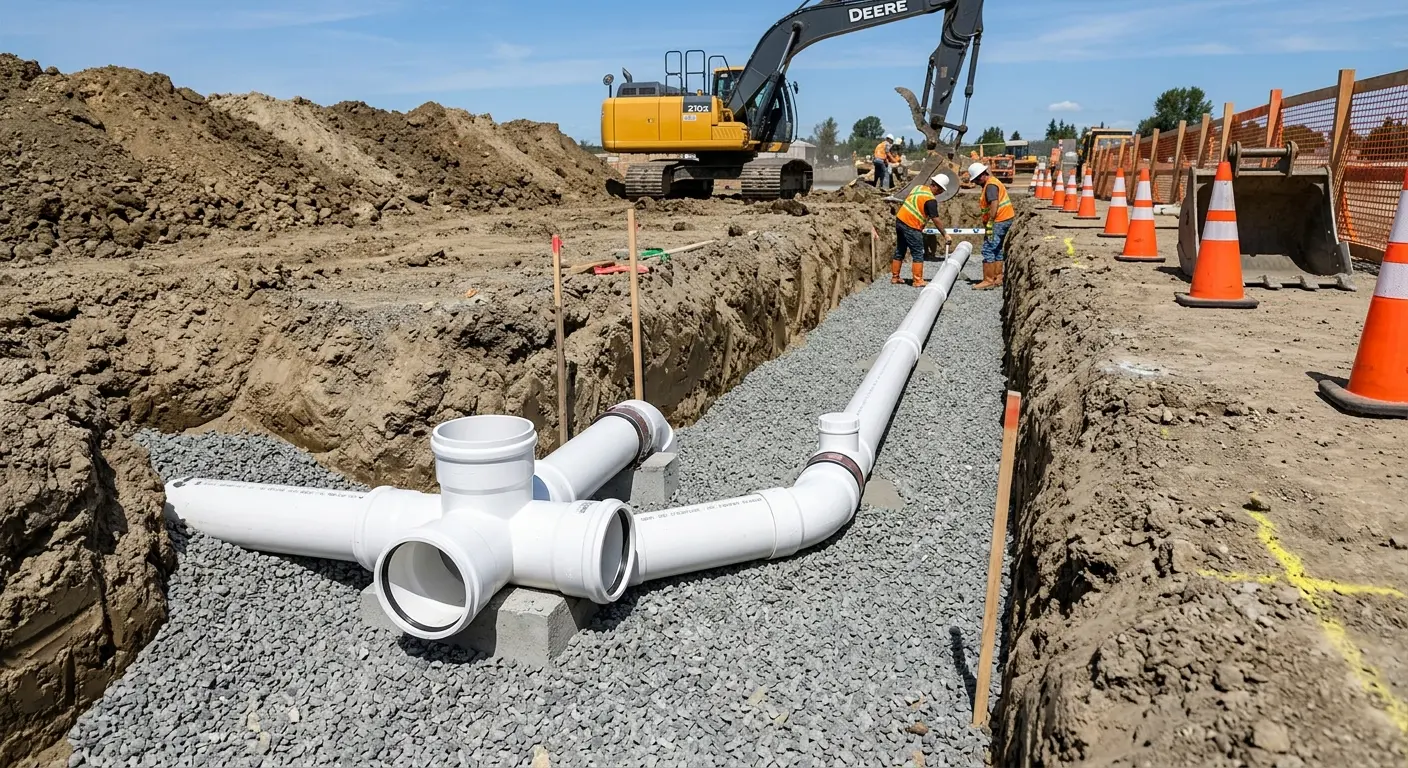 New PVC sewer pipe installation in open trench for Sewer Backup in Holly Ridge