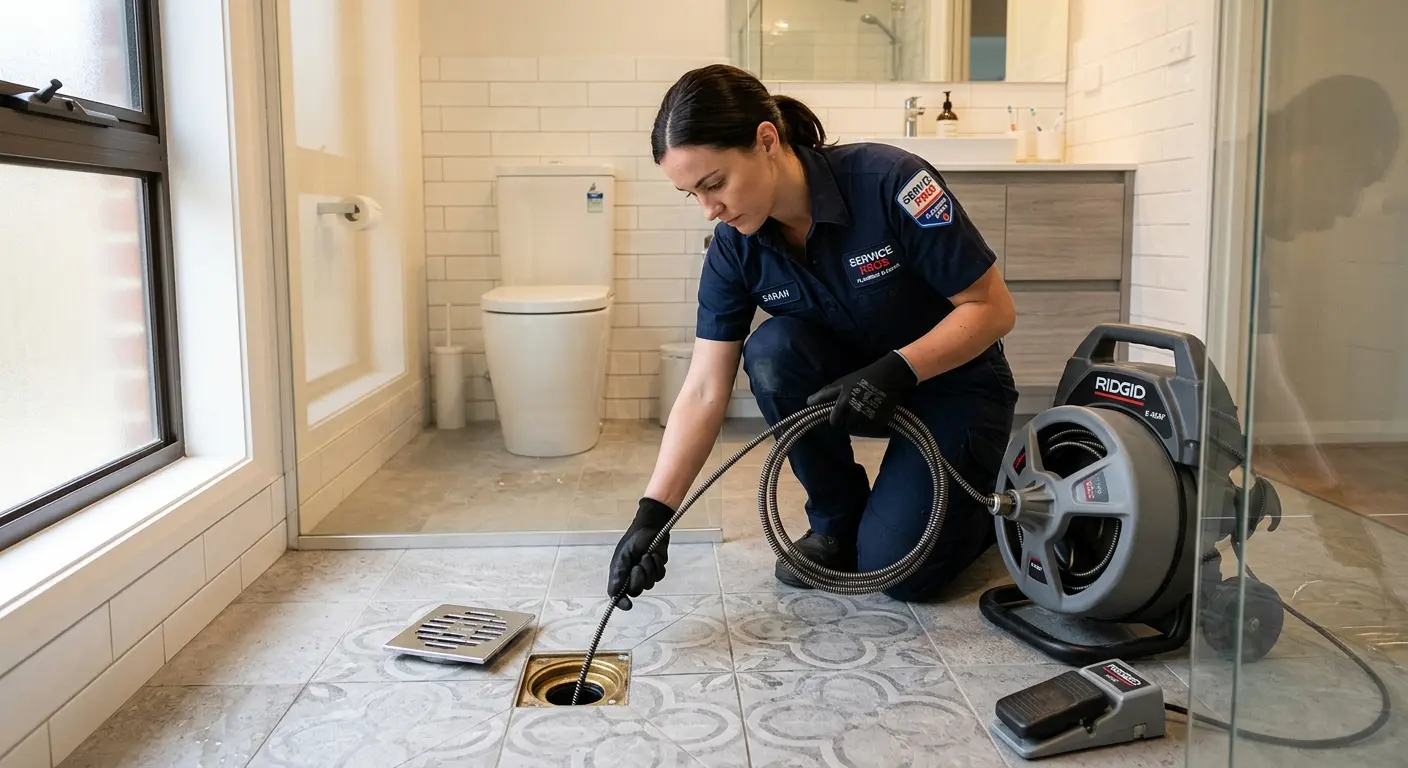 Technician clearing a bathroom floor drain for Drain Cleaning in Holly Ridge